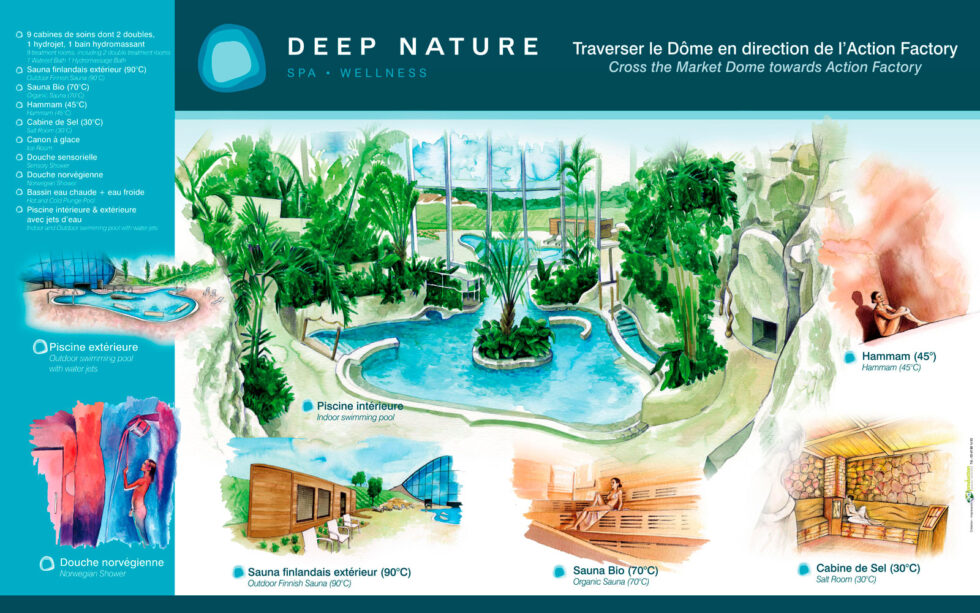 Aquarelle signalétique touristique center parcs bois aux daims deep nature spa aquamundo AD production