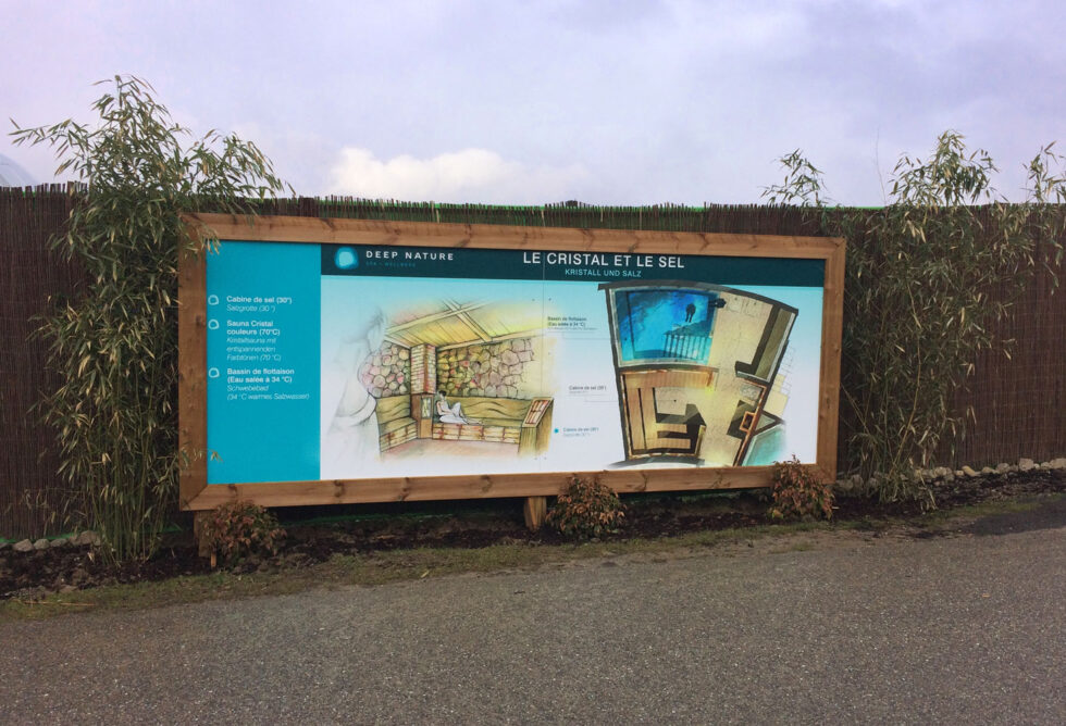 panneau signaletique touristique aquarelle illustrateur AD production Center Parcs Bois aux Daims aquamundo spa