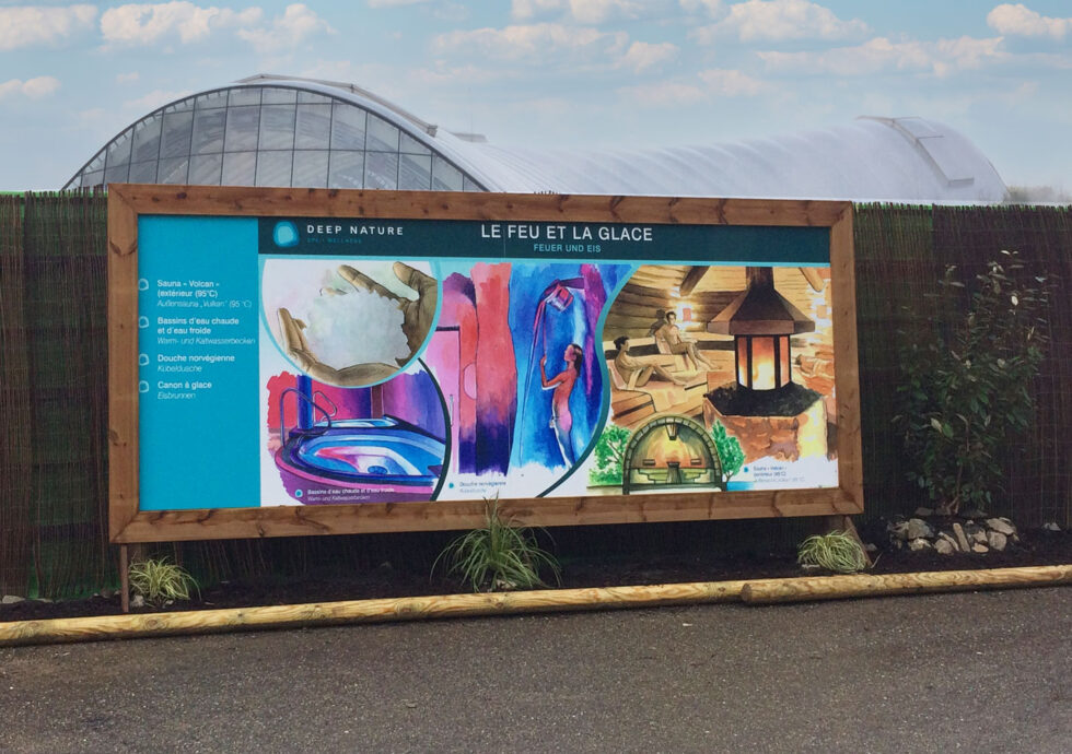 panneau signaletique touristique aquarelle illustrateur AD production Center Parcs Bois aux Daims aquamundo spa