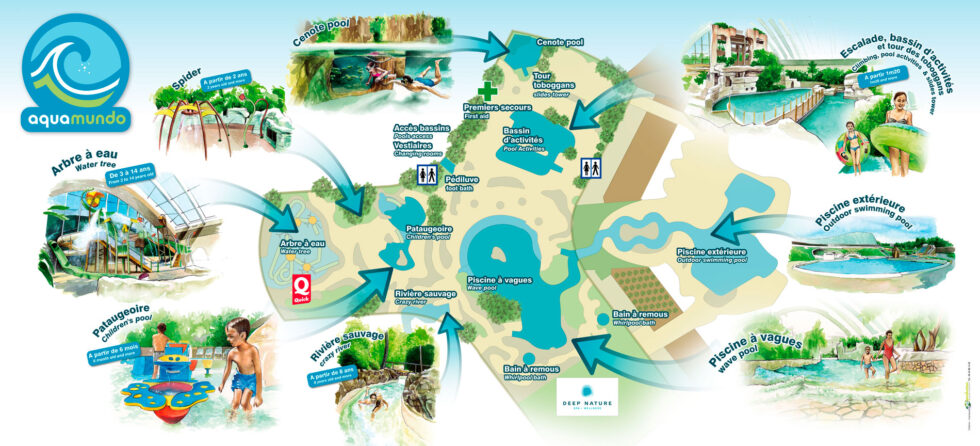 panneau signalétique plan parc de loisirs aquatique aquamundo center parcs aquarelle illustrateur AD production