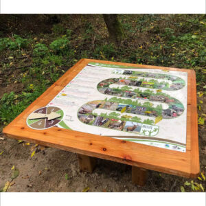 Table en bois avec plateau de jeu de l'oie